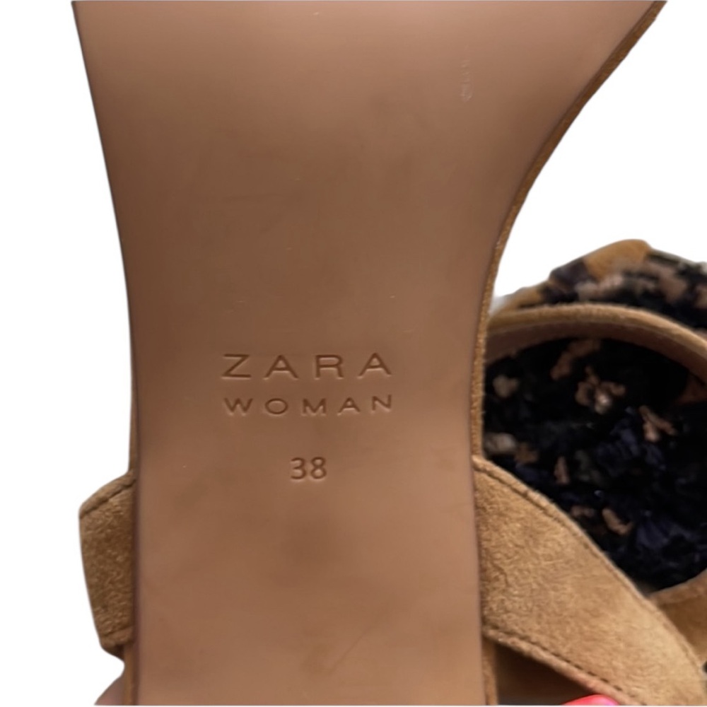 Zara Pom Pom Suede Sandals Tan with Black and Tan Raffia Pom Pom Design Size 7.5 - Picture 6 of 7